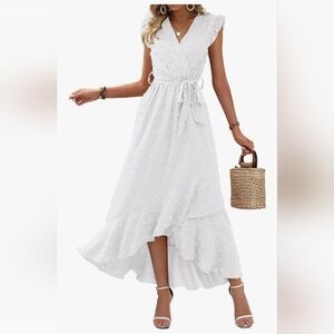 BTFBM V-neck Swiss Dot Maxi Dress Ruffle Cap Sleeves Wrap Ruffle Split hem Sz M